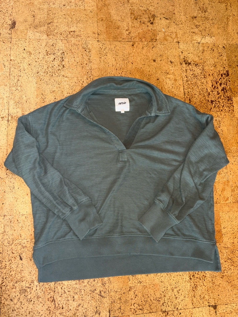 aerie Green V-Neck Collared cropped Pullover Sweater